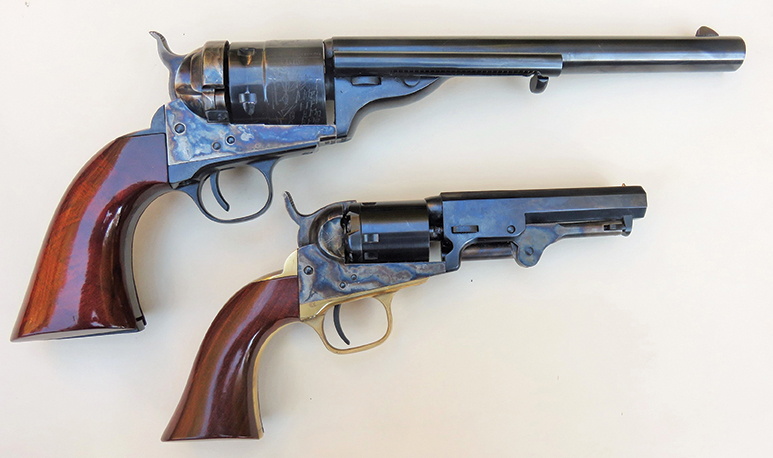For comparison of size, the top revolver is an Uberti version of the Richards-Mason conversion in 44 Colt, with the 1849 Pocket revolver (fit with 32 Smith & Wesson cylinder) below.